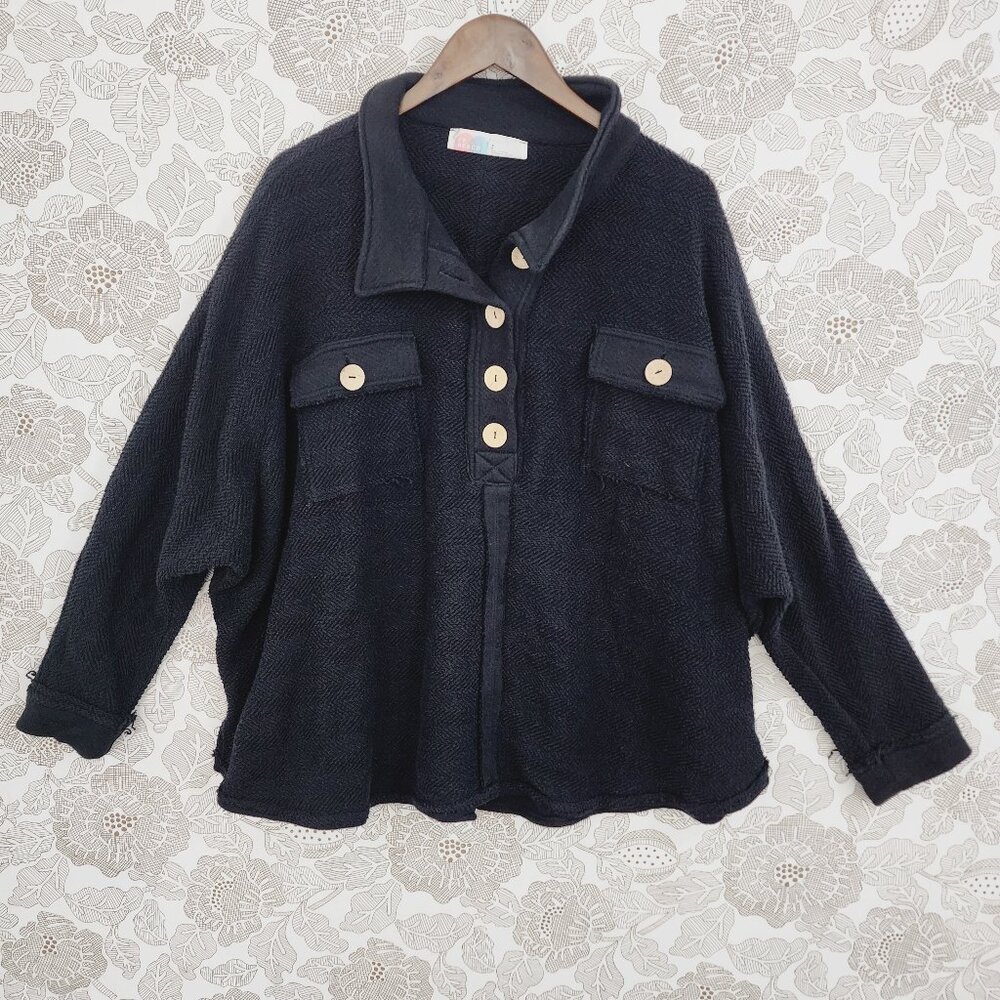 Free People FB Beach Henley Button Up Cotton Tweed Pullover Sweatshirt Women's S